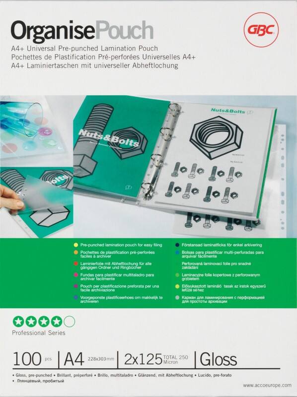 GBC Organise Laminating Pouches A4 Glossy 125 microns (2 x 125) Transparent 11 Holes Pack of 100