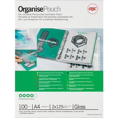GBC Organise Laminating Pouches A4 Non Adhesive Glossy 125 microns (2 x 125) Transparent 11 Holes Pack of 100