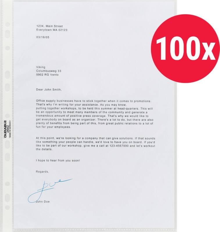 DURABLE Premium Punched Pockets  A4 Clear Transparent 60 Microns PP (Polypropylene) Top Opening 11 Holes 267219 Pack of 100