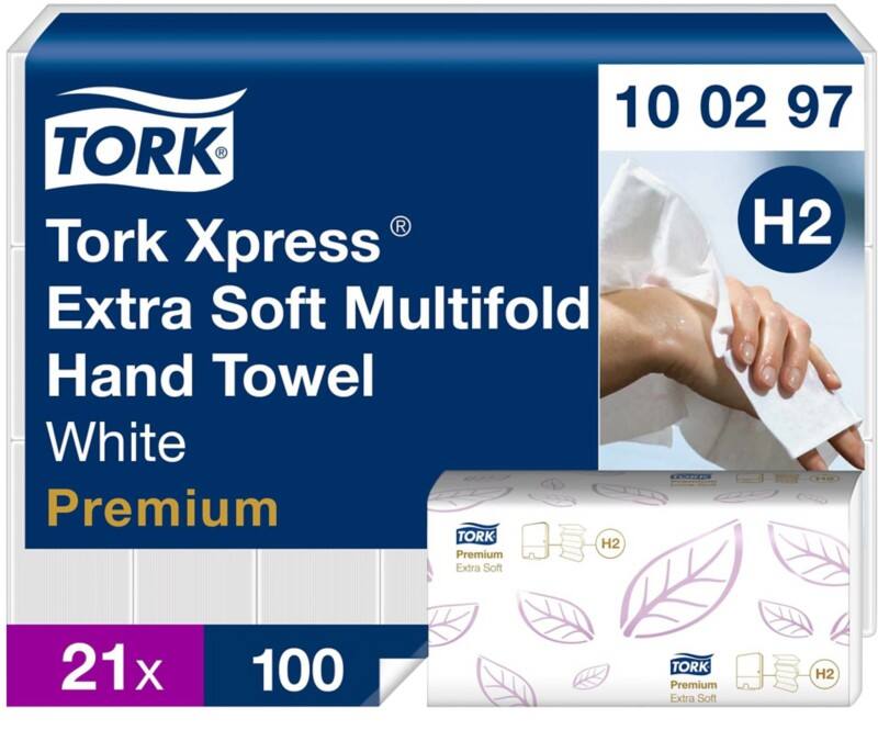 Tork Xpress Premium Paper Hand Towels H2 M-fold White 2 Ply 100297 100 Sheets Pack of 21
