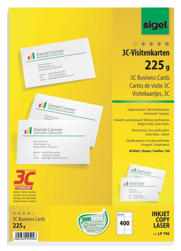 Sigel Business Cards 225 gsm White Pack of 40 Sheets of 10 Cards