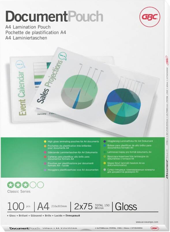 GBC Document Laminating Pouches A4 Glossy 75 microns (2 x 75) Transparent Pack of 100