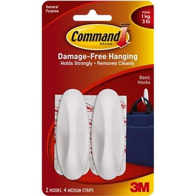 Command™ Medium Designer Hook Strip 1 kg Holding Capacity White Pack of 2