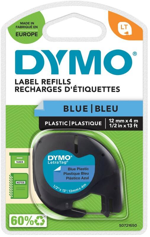 Dymo LT S0721650 / 91205 Authentic Label Tape Self Adhesive Black Print on Blue 12 mm x 4 m
