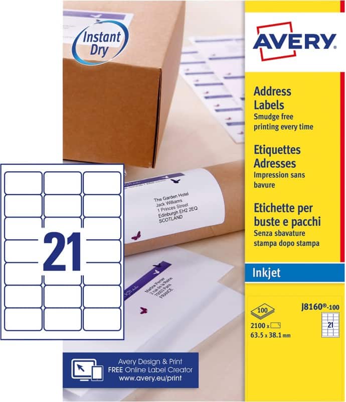 Avery J8160-100 Address Labels Self Adhesive 63.5 x 38.1 mm White 100 Sheets of 21 Labels
