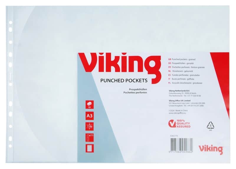 Viking Premium Punched Pockets  A3 Landscape Orange Peel Transparent 110 microns PP (Polypropylene) Top Opening 11 Holes Pack of 10