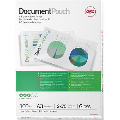 GBC Laminating Pouches Glossy 2 x 75 (150 Micron) A3 Pack of 100
