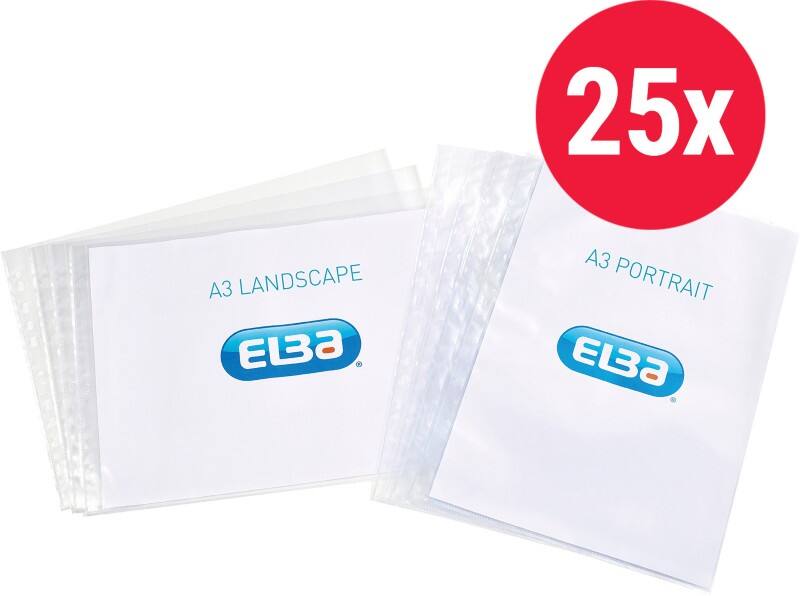 OXFORD Punched Pockets  A3 Clear Transparent 120 microns PP (Polypropylene) Opening Top 11 Holes Pack of 25