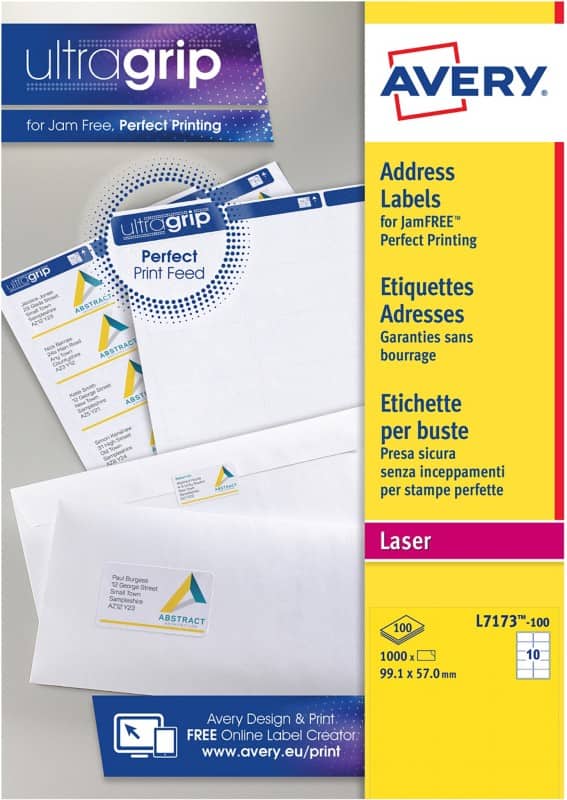 Avery L7173-100 Address Labels 99.1 x 57 mm White 100 Sheets of 10 Labels