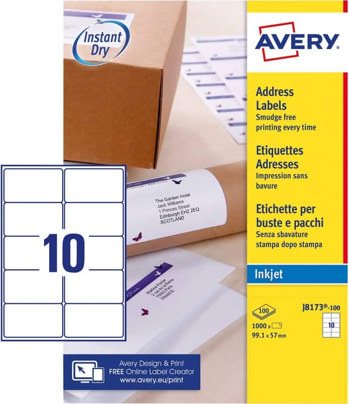 Avery J8173-100 Parcel Labels Self Adhesive 99.1 x 57 mm White 100 Sheets of 10 Labels