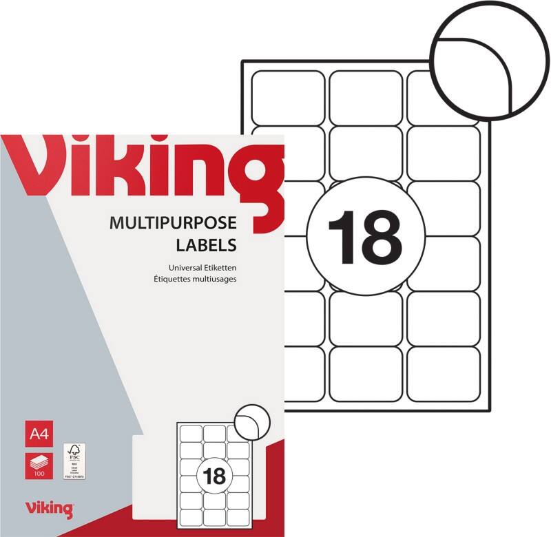 Viking Multipurpose Labels Self Adhesive 63.5 x 46.6 mm White 100 Sheets of 18 Labels