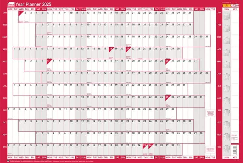 SASCO Compact Unmounted Year Planner 2025 English 61 (W) x 40.5 (H) cm Red