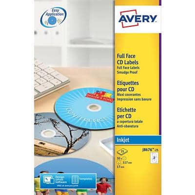 Avery J8676-25 CD Labels Self Adhesive Ø 117 mm White & Matt 25 Sheets of 2 Labels