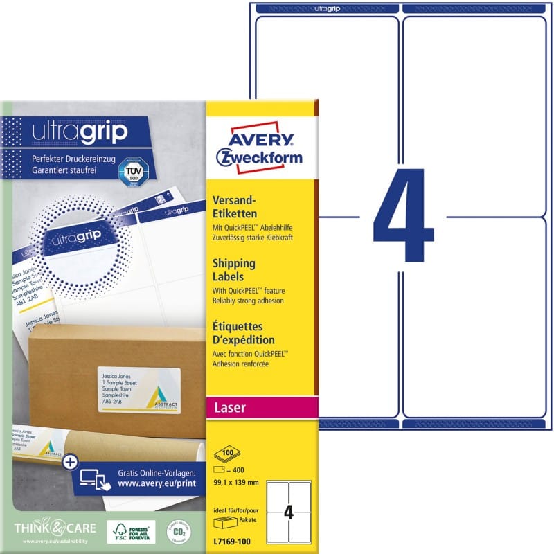 Avery UltraGrip Shipping Labels L7169-100 Adhesive A4 White 99.1 x 139 mm 100 Sheets Pack of 4