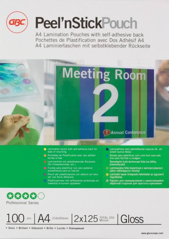 GBC Peel'nStick Laminating Pouches A4 Adhesive Glossy 250 Microns Transparent Pack of 100