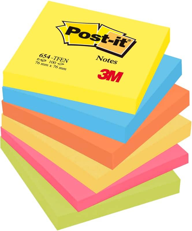 Post-it Sticky Notes 76 x 76 mm Energetic Assorted Colours 6 Pads of 100 Sheets