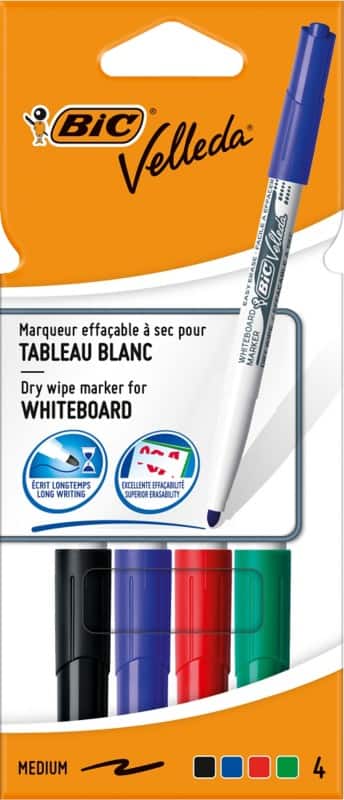 BIC Velleda Grip Whiteboard Pens Large Bullet Nib - Assorted Colours, Pack  of 4 BIC