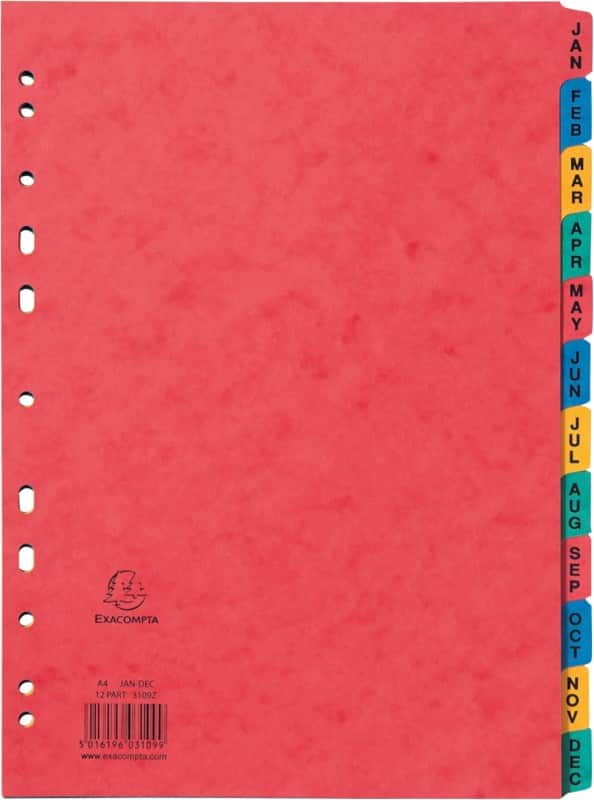 Europa Jan - Dec Alphabetical Dividers A4 Assorted 12 Part Cardboard 11 Holes 3109Z