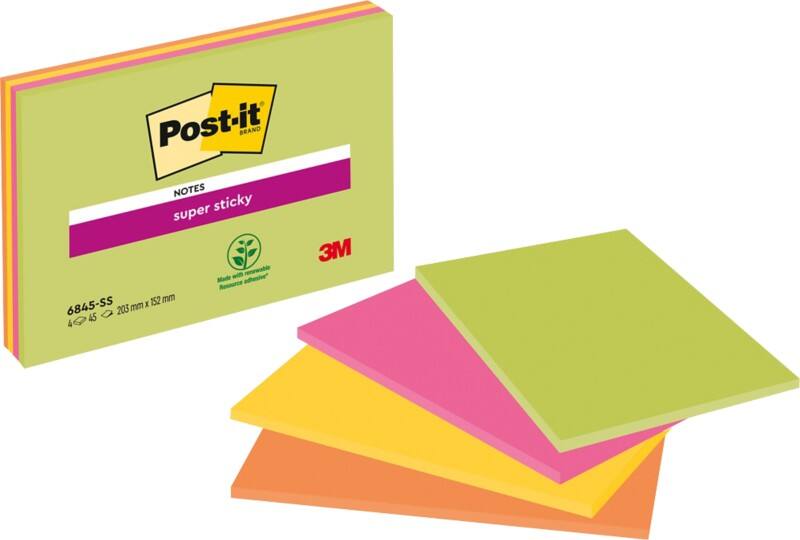 Post-it Super Sticky Notes 203 x 152 mm Assorted Rectangular Plain 4 Pads of 45 Sheets