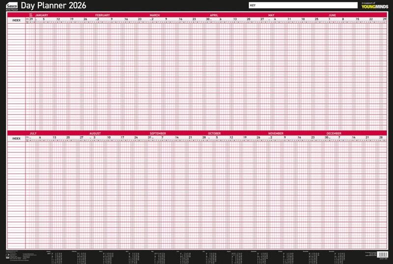 Sasco Mounted Wall Planner 2026 English 91.5 (W) x 61 (H) cm Black, Red