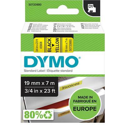 Dymo D1 S0720880 / 45808 Authentic Labelling Tape Self Adhesive Black Print on Yellow 19 mm x 7m