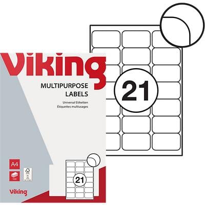 Viking Multipurpose Labels Self Adhesive 63.5 x 38.1 mm White 100 Sheets of 21 Labels