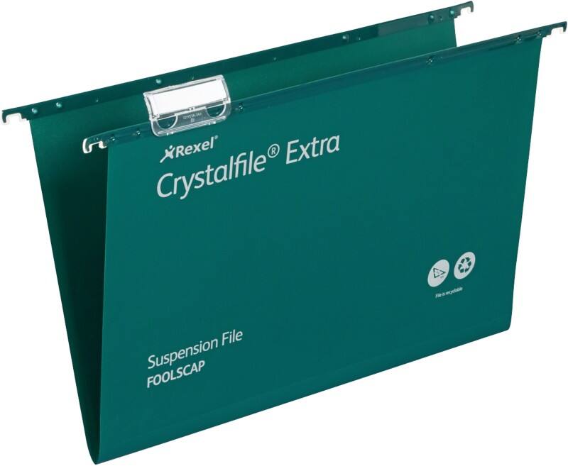Rexel Crystalfile Heavy Duty Vertical Suspension File 70628 Foolscap V Base 15 mm Green Polypropylene Pack of 25