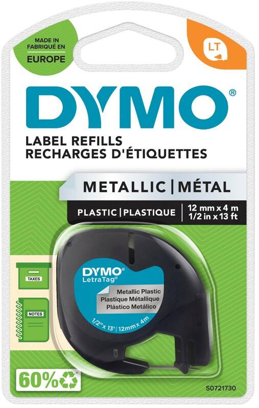Dymo LT S0721730 / 91208 Authentic LetraTag Label Tape Self Adhesive Black Print on Metallic Silver 12 mm x 4m