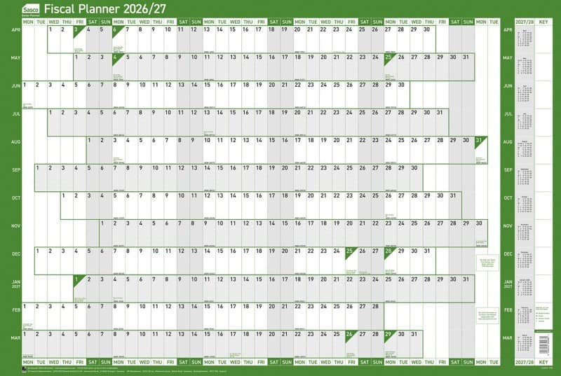 Sasco Fiscal Mounted Year Planner 2026 English 91.5 (W) x 61 (H) cm Green