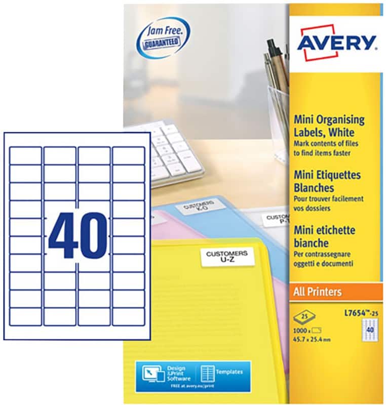Avery L7654-25 Mini Multipurpose Labels Self Adhesive 45.7 x 25.4 mm White 25 Sheets of 40 Labels