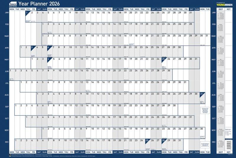 SASCO  Year Planner 2026 English 91.5 (W) x 61 (H) cm Red