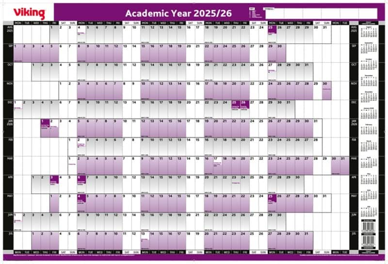 Viking Academic Wall Mounted Year Planner 2025, 2026 English 96 (W) x 61 (H) cm Purple