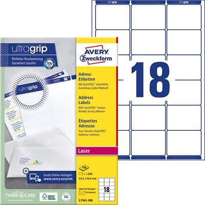 Avery L7161-100 Address Labels Self Adhesive 63.5 x 46.6 mm White 100 Sheets of 18 Labels