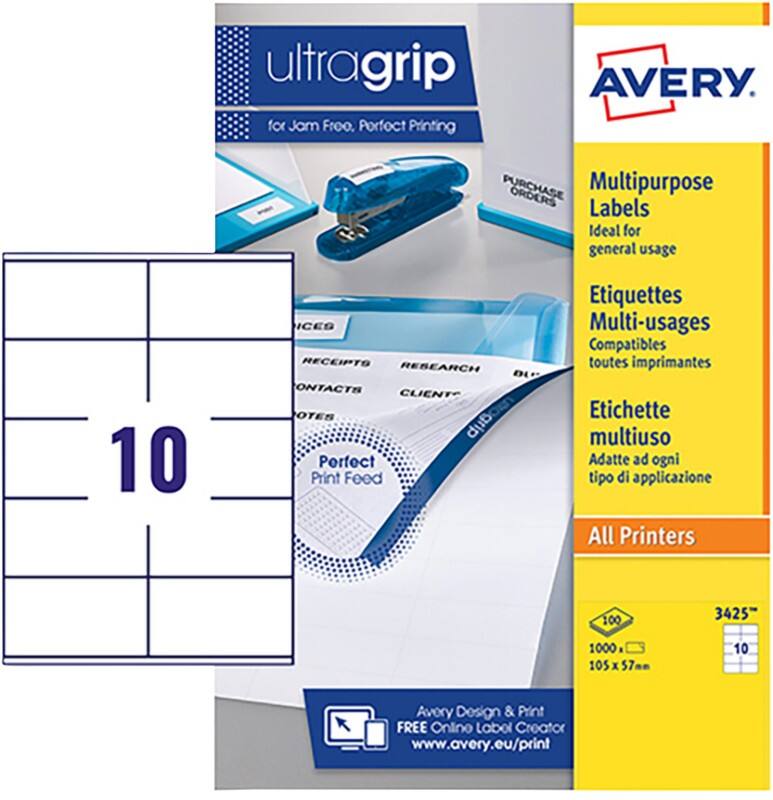 Avery 3425 Multipurpose Labels Self Adhesive 105 x 57 mm White 100 Sheets of 10 Labels