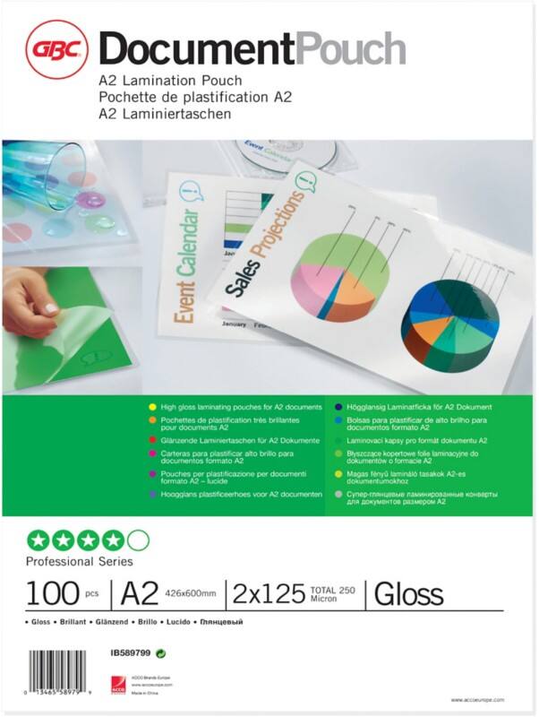 GBC Document Laminating Pouches A2 Glossy 125 (2 x 125 microns) Transparent Pack of 100