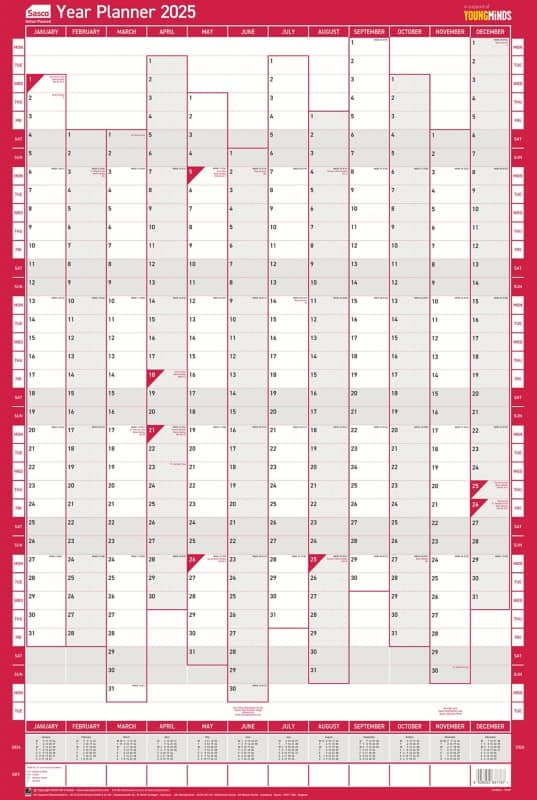 Sasco unmounted year planner 2025 english 61 (w) x 91. 5 (h) cm red