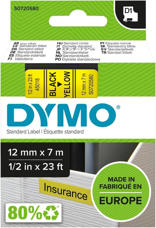 Dymo D1 S0720580 / 45018 Authentic Label Tape Self Adhesive Black Print on Yellow 12 mm x 7m