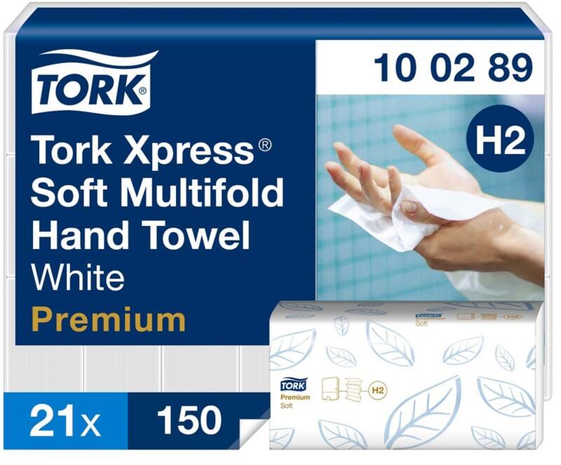 Tork Xpress Premium Paper Hand Towels H2 M-fold White 2 Ply 100289 150 Sheets Pack of 21