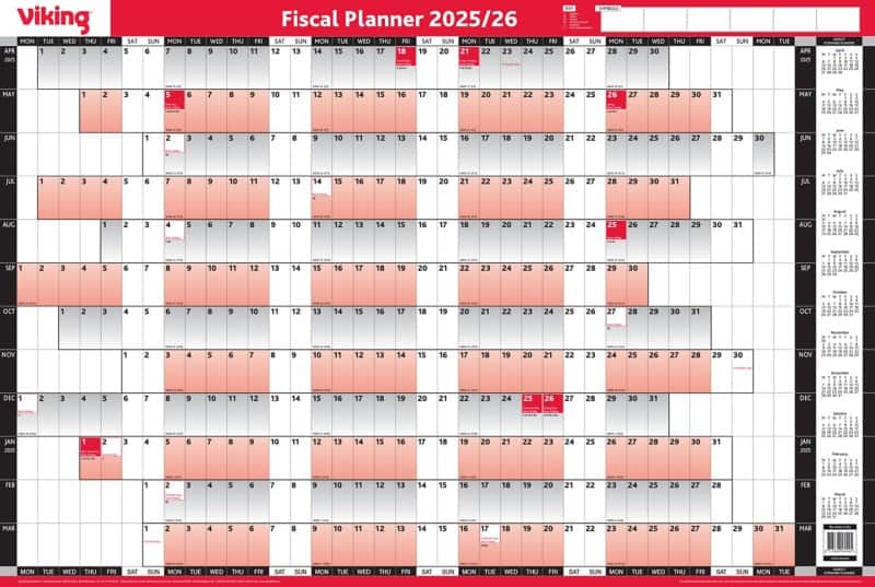 Viking Fiscal Unmounted Year Planner 2027, 2028 English 91 (W) x 61 (H) cm Red
