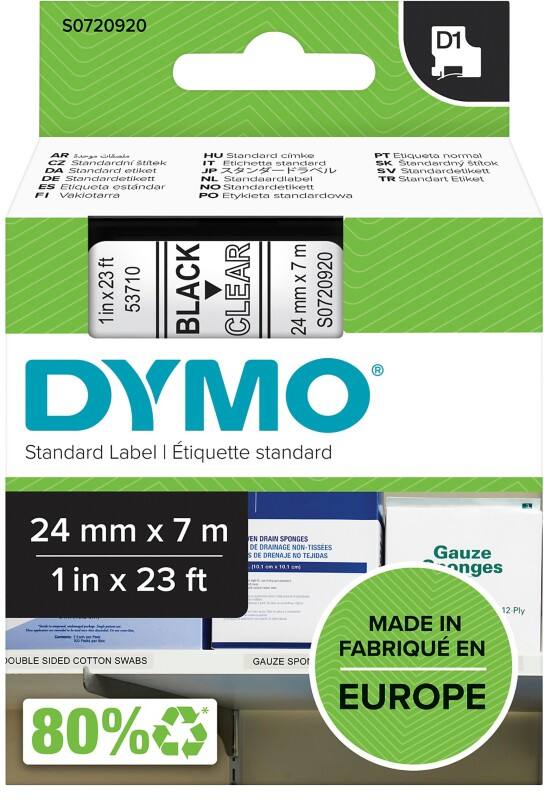 DYMO D1 S0720920 Labelling Tape Cassette Black Print on Clear