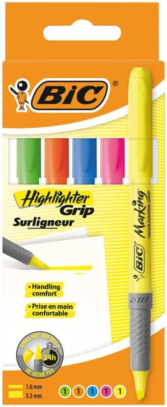 BIC Grip Highlighter Assorted Medium Chisel 1.6 - 3.3 mm Non Refillable Pack of 5