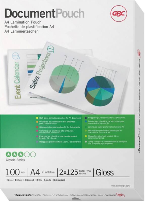 GBC Document Laminating Pouches A4 Glossy 125 microns (2 x 125) Transparent Pack of 100