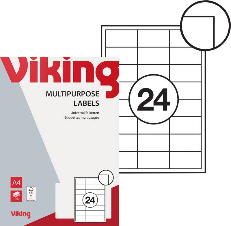 Viking 61330 Multipurpose Labels Self Adhesive 64.6 x 33.8 mm White 2400 Labels 100 Sheets of 24 Labels