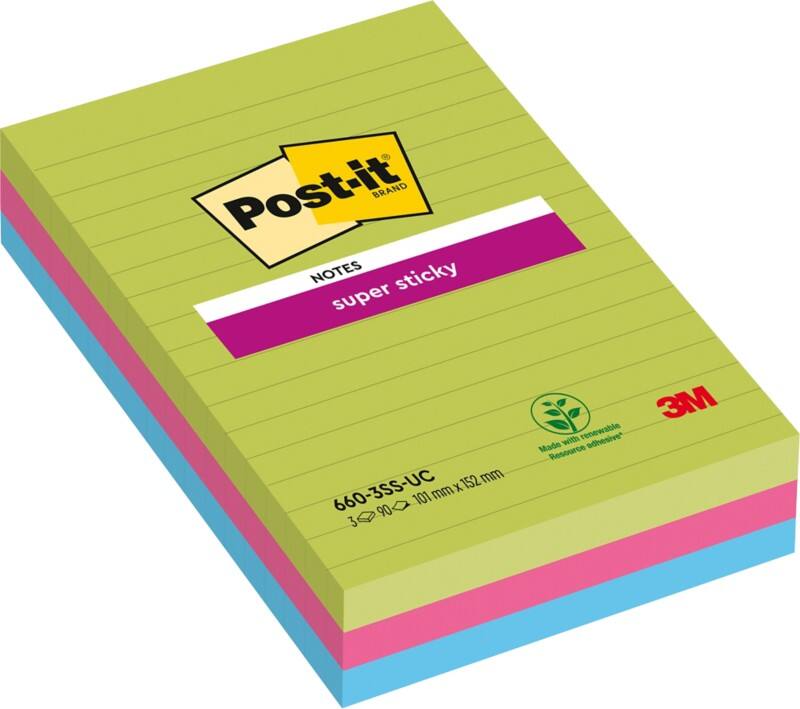 Post-it Super Sticky Large  Notes 101 x 152 mm Assorted Colours Rectangular Ruled 3 Pads of 90 Sheets