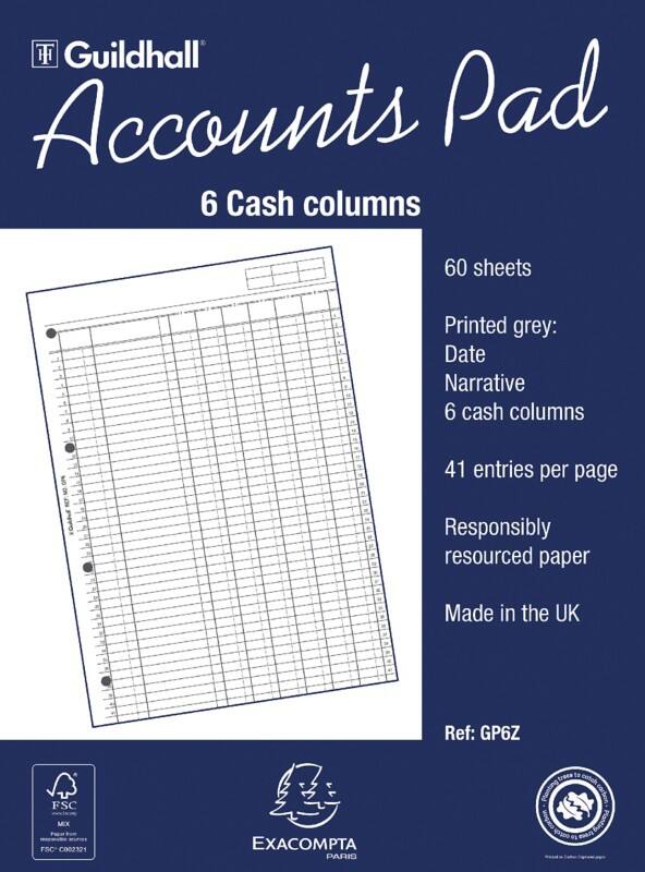 Guildhall Account Book GP6Z A4 6 Cash Columns 60 Pages 30 Sheets