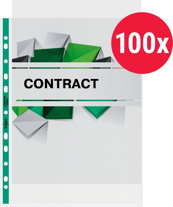 Rexel Copy King Punched Pockets  A4 Clear Green, Transparent 90 microns PP (Polypropylene) Top Opening 11 Holes 12265 Pack of 100