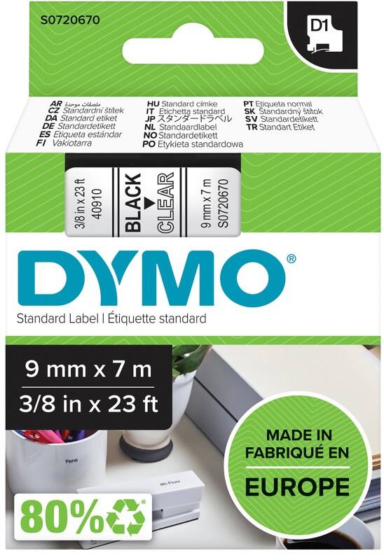 DYMO D1 Labelling Tape Authentic 40910 2027786 Adhesive Black on Transparent 9 mm x 7 m