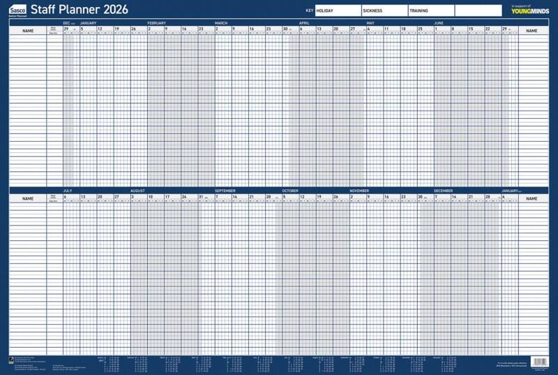 SASCO Staff Wall Planner 2026 English 91.5 (W) x 61 (H) cm Red