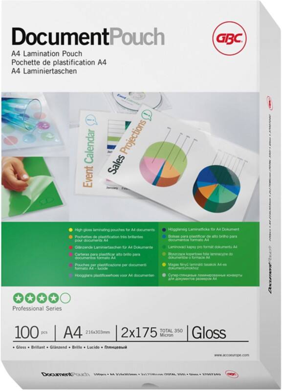 GBC Document Laminating Pouches A4 Glossy 175 microns (2 x 175) Transparent Pack of 100