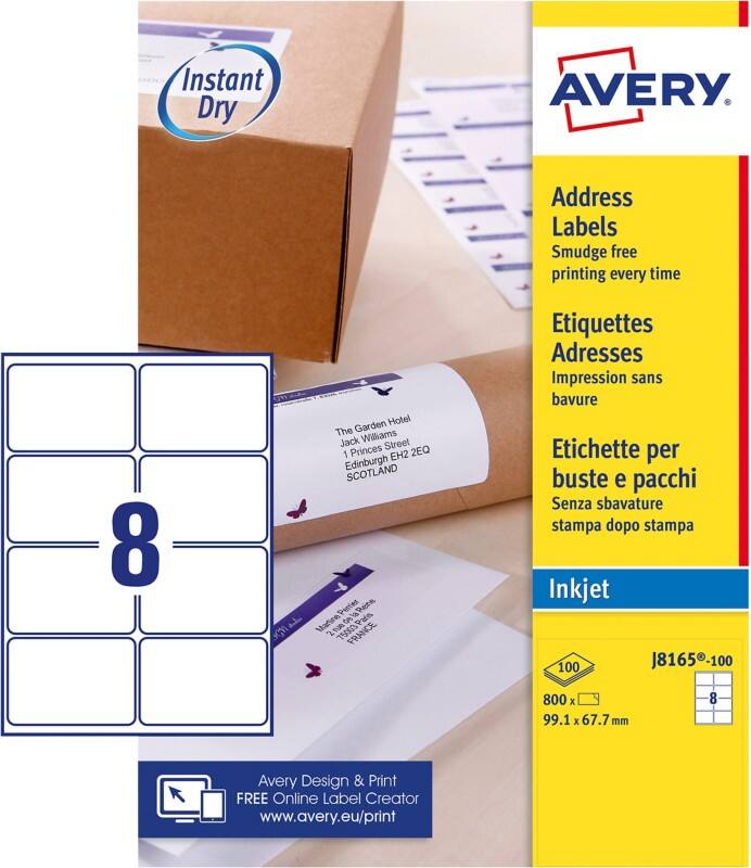 Avery J8165-100 Parcel Labels Self Adhesive 99.1 x 67.7 mm White 100 Sheets of 8 Labels